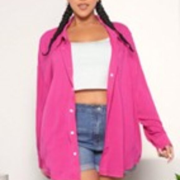 Drop Shoulder Relaxed  button down Shirt long sleeve blouse fuchsia pink size xl - Picture 1 of 15